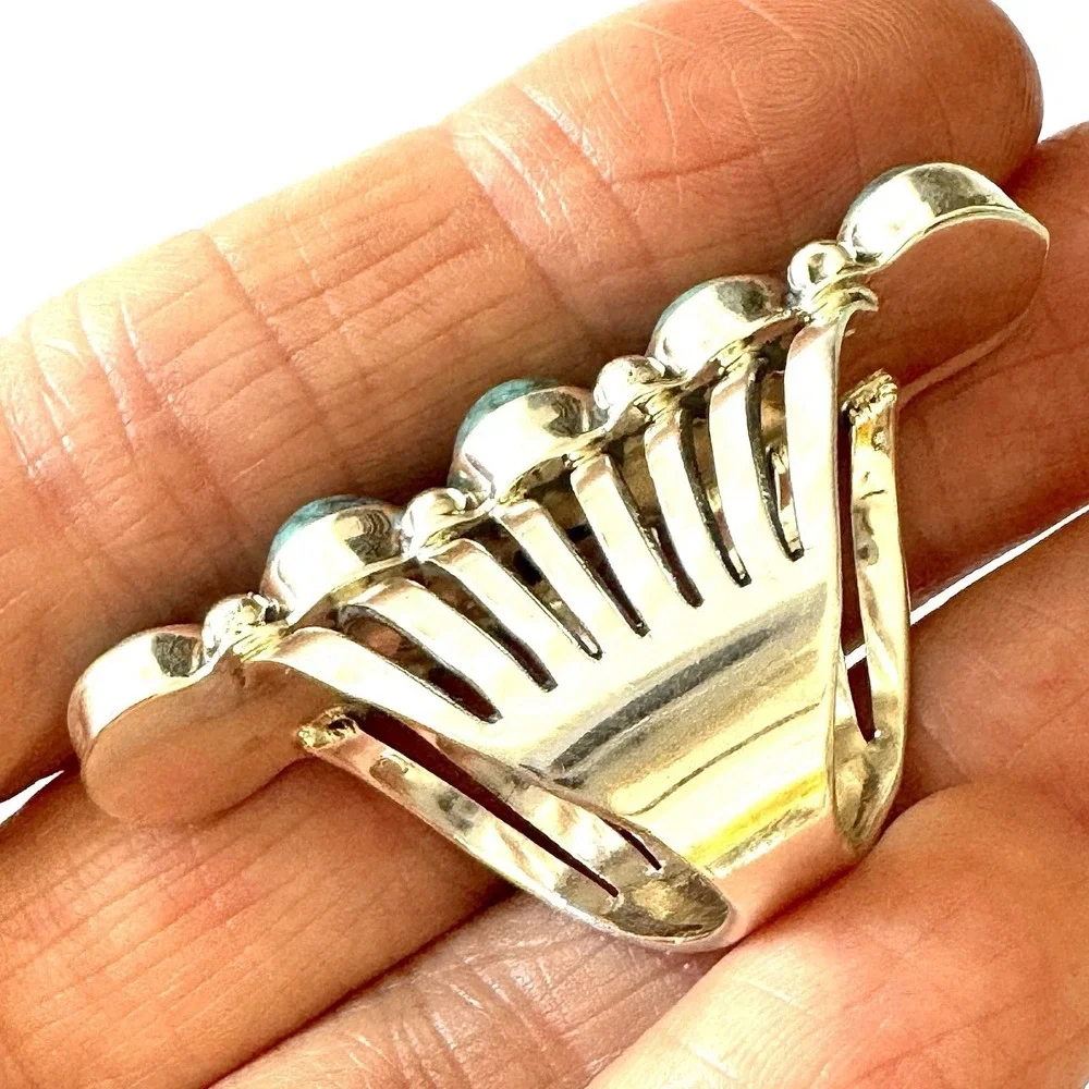 Long Navajo Ring Sz 9 Signed Yazzie Turquoise Sterling Native American 5 Stone